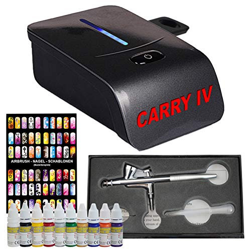 KIT AIRBRUSH Set con COMPRESOR AEROGRAFO Mini Carry IV Negro con COLORES AEROGRAFO / Set de Plantillas, PISTOLA AEROGRAFO Acción Única con Juego de Agujas y Boquillas de 0,4mm