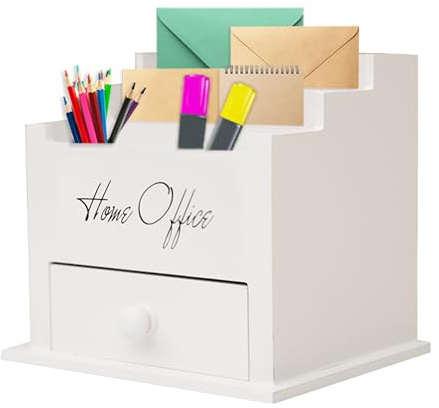 DRULINE Schreibtisch-Organizer aus Holz in Weiß mit 3 Fächern, 1 Schublade, Briefablage, 20x18x16 cm Dokumentenhalter, Büro-Organizer, Perfekt für Dokumentenorganisation und effiziente Bürogestaltung