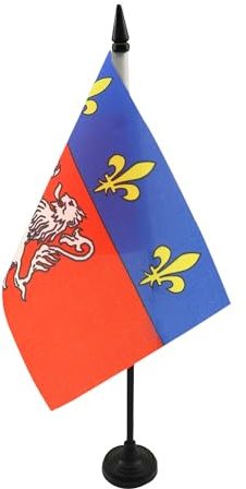 AZ FLAG Drapeau de Table Province du Lyonnais 21x14 cm Socle Plastique | Usage intérieur Drapeau de bureau de Lyon finition cousue et bords renforcés avec mât en plastique et socle en plastique