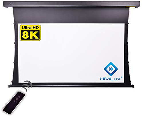 HiViLux TXN – Pantalla de proyector motorizada, ganancia 1,0, tela blanca profesional de pantalla de cine / 3D / 4K / UHD / estructura de aluminio / sin efecto brillante o puntos / sin telas ni fibra de vidrio