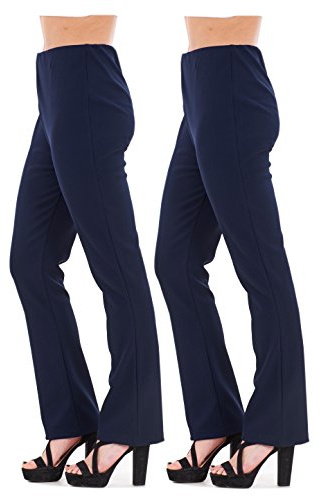 Malay New Ladies (2 Pairs Pack) Finely Ribbed Bootleg Stretch Trousers Black Brown Navy Size 10 to 24 (14, Navy)