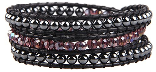 KELITCH Damen Kristall Perlen Strang Armbänder Handgemachtes Leder 3 Wickelarmband Mode Charm Armband - Rosa 13
