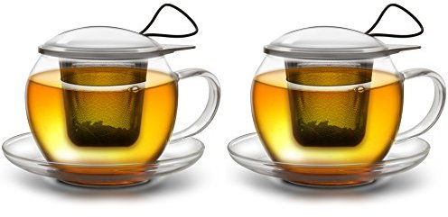 Creano Tazza da tè Jumbo con manico e colino integrato in acciaio inossidabile, coperchio in vetro e piattino | 450ml Trasparente 2XL (confezione da 2)