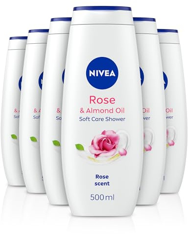 NIVEA Rose & Almond Oil Shower Cream (500 ml, Pack of 6), Moisturising Shower Gel with Almond Oil, Luxurious Body Wash for Women, Body Wash with Vitamin C, E