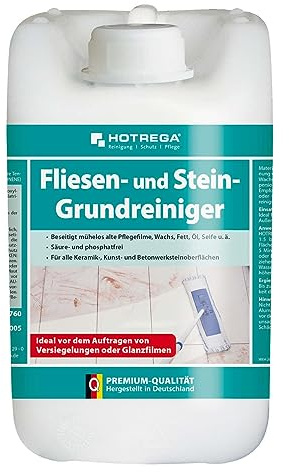 HOTREGA Fliesen & Stein Grundreiniger 5L | Entfernt Fett, Öl & Pflegefilme | Konzentrat für Keramik, PVC & Feinsteinzeug | Säurefrei & Phosphatfrei | Ideal vor Versiegelung | Innen- & Außenbereich