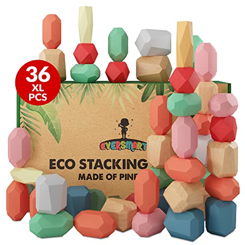 EVERSMART 36 Pcs Wooden Stacking Blocks – Montessori Toys for 1 2 3 4 5 6 Year Old Toddlers and Kids, XL Rocks, No Choking Hazard – Sensory STEM Building Stones, for Girls and Boys