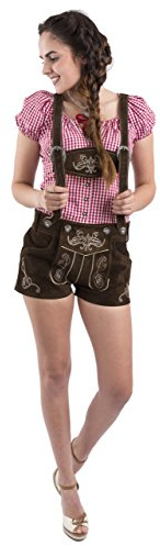 Damen Jugendstil Trachtenlederhose Wiesn kurz Trachten Hose süße Lederhosen Hotpants (44, Dunkelbraun)