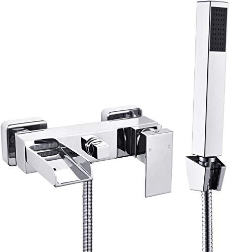 [Wall Mounted] Hapilife Bath Filler Waterfall Mixer Tap Bathroom Taps Mixers Square Bath Taps with Handheld Shower Head Chrome Tub Tap Wall Hung Single Lever