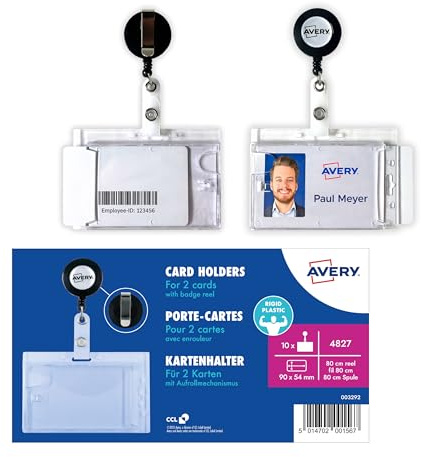 AVERY Zweckform 4827 Namensschilder für Kleidung 10 Stück (54x90mm, Kartenhalter mit Ausweisjojo und Clip, Hartbox Doppel-Ausweishüllen für zwei ID Karten, Schutzhüllen) transparent
