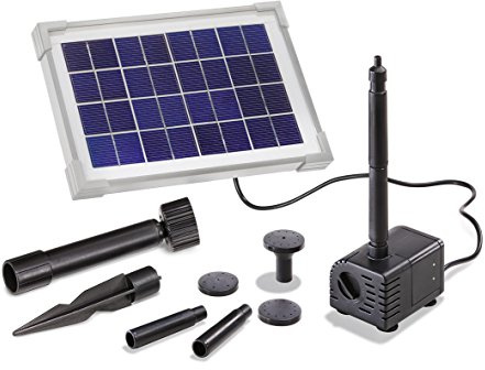 esotec Solar Teichpumpenset 3,5/300 Fontäne Wasserspiel Solarbrunnen 101769 | 3,5Wp Solarmodul, 300l/h, IP68, 80cm Förderhöhe, Trockenlaufschutz, 5m Kabel, 10/13mm, 4 Fontänen, Durchflussregler, 8VDC