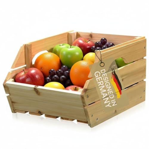 Melko Holzkiste Obstkiste stapelbar 38x27x20 cm Weinkiste Kartoffelkiste | aus Fichtenholz im Panel-Look, halbrunde Grifföffnungen, schräge Öffnung zur Entnahme, auch als Deko-Element, Farbe Natur