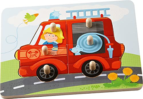 HABA 302536 - Greifpuzzle Feuerwehr, 6-teiliges Holzpuzzle mit Feuerwehr-Motiv und großen Holzknöpfen zum Greifen, Holzspielzeug ab 12 Monaten