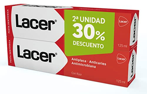 LACER PDL - Pasta de Dientes Duplo 2 x 125 ml, Acción Antiplaca, Anticaries, Antimicrobiana, Combate la Flora que Causa la Caries, Refuerza el Esmalte y la Dentina, Protección Integral