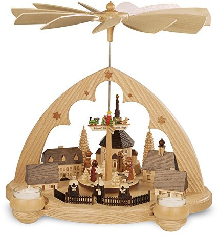 Rudolphs Schatzkiste Tischpyramide Tischpyramide Seiffener Dorf Spitzbogen 1-stöckig Natur (LxBxH):35x28x36cm NEU Tischdekoration Dekoration Weihnachten Wärmespiel Lichter Figur Edelholz Seiffen