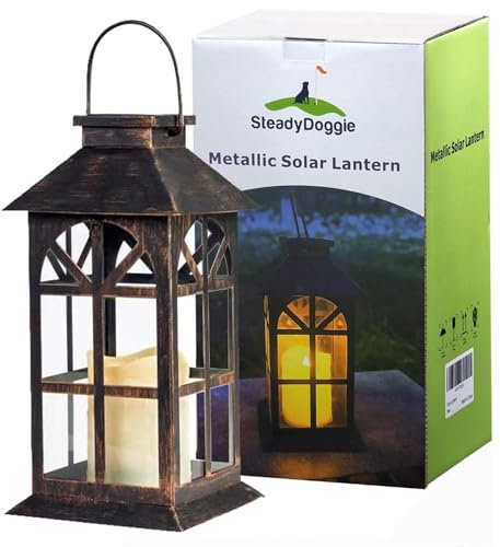 Solar Laterne für außen - mit hell flackernder LED Kerze - Tisch- und Hängelampe - in- und outdoor - extra Metall Laterne im Antik-Stil - dunkles Bronze - PVC fenster - wetterfest - 14x14x28cm