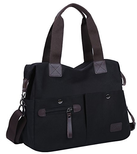 Eshow Damen Umhängetasche Handtasche Schultertasche Canvas Segeltuch mit Handgriff Anti diebstahl Fächern Schwarz zu Einkaufen spazieren