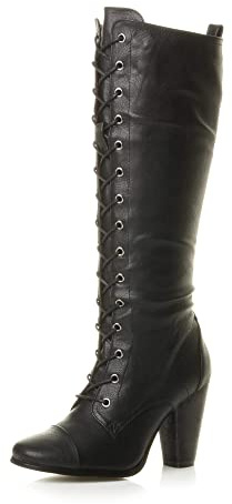 AJVANI high chunky heel lace up calf knee military biker boots size 5 38