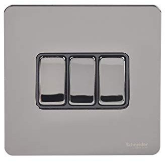 Schneider Electric Plaque plate sans vis ultime – Interrupteur à bascule 3 interrupteurs bidirectionnels, unipolaire, 16AX, GU1432BBN, nickel noir avec insert noir