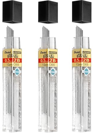 Pentel 0.5mm Size 2B Shade Hardness Pencil Refill Replacement Spare Leads Hi Pollymer Super For Automatic & Mechanical Pencils (Pack Of 3 Tubes - 36 Pieces)