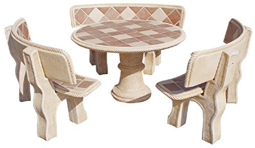 AnaParra Conjunto DE Mesa EN Piedra Redonda con Respaldo Azulejos 120cm. Mod.Abeto