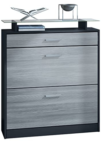 Vladon Schuhschrank Loret, Schuhkipper für 16 Paar Schuhe mit 2 Klappen und 1 Schublade und Glasablage, Schwarz matt/Avola-Anthrazit (89 x 104 x 23 cm)