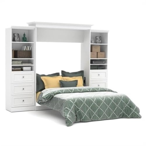 BOWERY HILL Queen Size Murphy Bed with Wooden Slats in Wood, with Storage and Shelves in White, No Box Spring Needed, Easy Assembly, Up to Weight Capacity