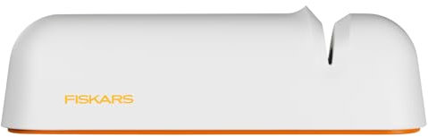 Fiskars Messerschärfer für glatte Messerklingen aus Stahl, Keramikschleifstein, Functional Form, Roll-Sharp, Weiß/Orange, 1014214