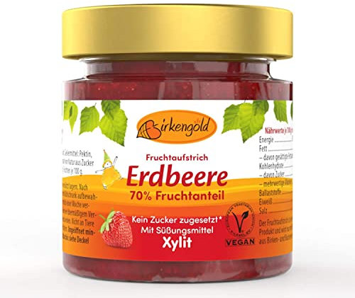 Birkengold Erdbeer Marmelade | ohne Zuckerzusatz | mit europäischem Xylit gesüßt | 70 % Fruchtanteil | mit Bio Früchten | vegan, 200 g