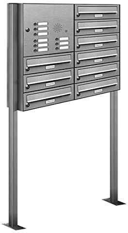 AL Briefkastensysteme 9er V2A Edelstahl Stand Briefkasten mit Klingel rostfrei als 9 Fach Briefkastenanlage DIN A4 in Postkasten Design modern