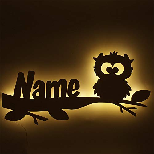 Namofactur® - Nachtlicht Eule auf dem Ast mit Personalisierung | Taufgeschenk oder zur Geburt mit Namen des Kindes | Schlummerlicht mit Farb- und LED/RGB-Optionen
