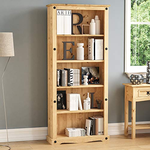 Vida Designs Corona Large Libreria, Rustico Legnoen Mobile contenitore with 5 Shelves, Distressed Waxed Finish with Nero Metal Studs, H170xW75xD29cm (Solid Pine)