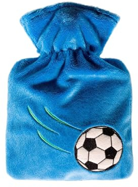 Hugo Frosch Wärmflasche Kinder 0,6l mit Veloursbezug Fußball Blau | kleine Kinder-Bettflasche Made in Germany, langlebig & geruchsneutral, mit kuscheligem Sport-Überzug, abnehmbar & waschbar