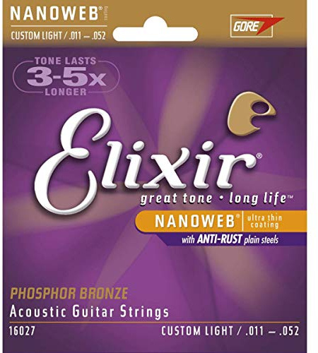 Elixir 16027 Saitensatz für Akustikgitarre (aus Phosphor-Bronze, mit Nanoweb-Beschichtung, Stärke .011-.052 / Custom Light) 2 Packungen