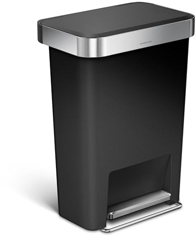 simplehuman 45 Liter / 12 Gallon Rectangular Kitchen Step Trash Can with Soft-Close Lid, Black Plastic