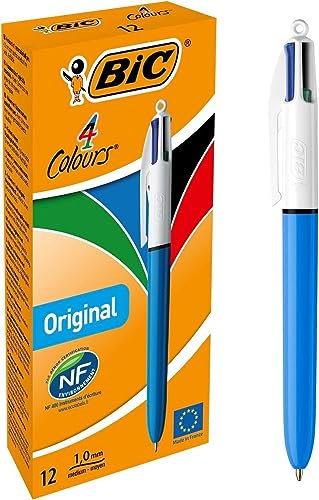 BIC 4 Colori, Penne Multicolore a Sfera, Penne a Scatto con 4 Colori, Cancelleria Scuola e Ufficio, Punta Media (1.0 mm), 12 Unità