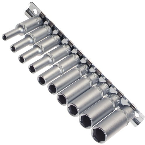 Alkan 1/4 Stecknuss Satz zöllig SAE 10-tlg lang CV-Stahl | Zöllige SAE/INCH Steckschlüsseleinsätze, lange Ausführung, 1/4 Antrieb, Chrom-Vanadium-Stahl auf Steckschiene