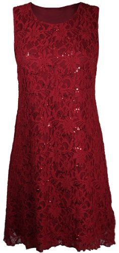New Womens Floral Lace Sleeveless Scoop Neckline Ladies Layer Lined Sequin Evening Dress Plus Size Red Size 16-18