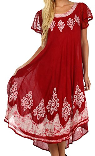 Sakkas B009 Batik Hindi Cap Sleeve Caftan Dress/Cover Up - Red/White - One Size