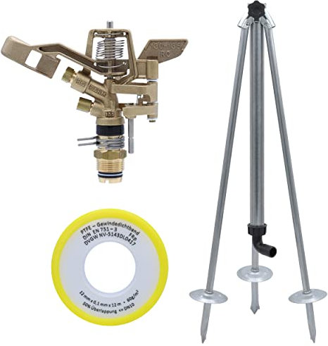 Agrarflora Impulsregner Komplettset aus Kreisregner, Dreibein Stativ mit 3/4 Zoll & 12m PTFE-Dichtungsband - zur Bewässerung von großen Flächen - für Gärten, Sportplätze, Felder & Gärtnereien