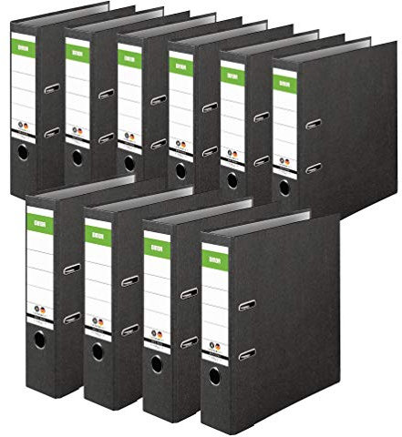 Original DINOR Ordner-Wolkenmarmor-Recycling - Made in Germany. 10er Pack 8 cm breit DIN A4 schwarz Aktenordner Briefordner Büroordner Pappordner Schlitzordner Grüner Balken Blauer Engel