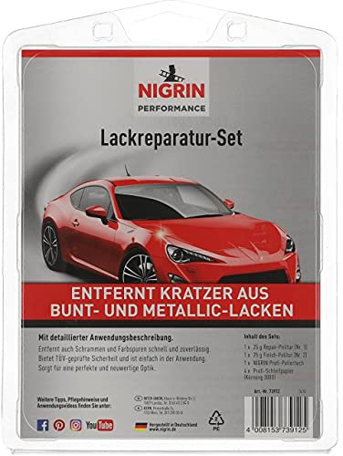 NIGRIN Performance Lackreparatur-Set, Kratzer Entferner, 1x Repair-Politur, 1x Finnish-Politur, 4x Profi –Schleifpapier, für leichte, mittlere und schwere Kratzer im Autolack