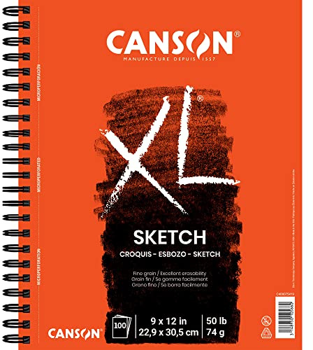 Canson XL Serie Skizzenblock, Papier, Weiss/opulenter Garten, 9x12 | Seitlicher Spiralblock, 100 Blatt (74 g), Künstlerpapier für Erwachsene und Studenten, Graphit, Anthrazit, Bleistift