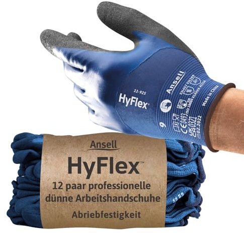 Ansell HyFlex 11-925 Ölabweisenden Arbeitshandschuhe, Rutschfeste Nitril-Beschichtung, Wasserdichte Schutzhandschuhe für Industrie und Mechanik, Dünne Montagehandschuhe, Blau, Größe 2XL (12 Paar)