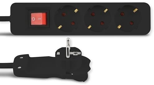 REV grenuttag SMART – flera uttag 3-vägs med platt kontakt och upplyst strömbrytare för att spara energi, kabel 2 m, max. 3680 W, svart