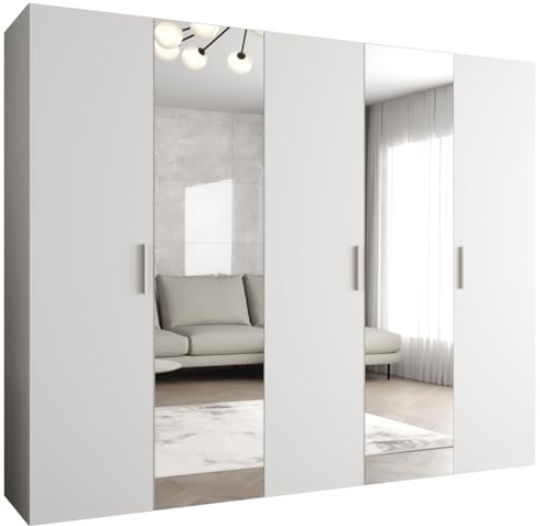 ABIKSMEBLE - Armario para Ropa - 250 x 202 x 52 cm - Armario con Barra y Espejo, 5 Puertas - para Dormitorio, Pasillo - Andrew, Blanco, Tirador Plata