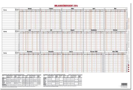 GÜSS-Urlaubsübersicht im Querformat f. 15 Mitarb.: DIN A3 - 190 g/m² Postkartenkarton - 2-farbiger Druck - Schulferienübersicht - Zeilenhöhe: 4mm - Größe: 42 cm x 30cm