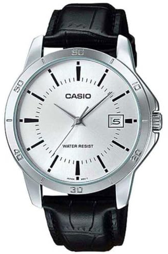 Casio Orologio da polso da uomo al quarzo classico cinturino in pelle nero cassa in ottone display analogico bianco - MTP-V004L-7A