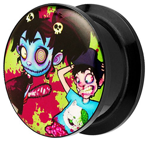 Piersando Ohr Plug Piercing Kunststoff Motiv Comic Picture Flesh Tunnel Ohrplug mit Crazy Zombie Muster Bunt Schwarz