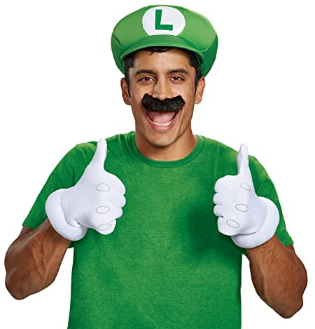 Disguise Set/Kit de Accesorios Luigi Oficiales, Super Mario Bros - Guantes, Bigote y Gorro, Disfraces y Accesorios para Fiestas