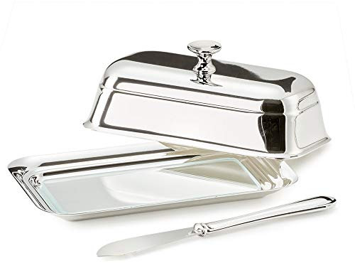 EDZARD Butterdose Mary 8 x 13 cm, edel versilbert, mit Glasplatte, für 180 Gramm Butter, mit passendem Buttermesser --- Butterglocke, Butterschale, Dose für Butter, Aufbewahrung